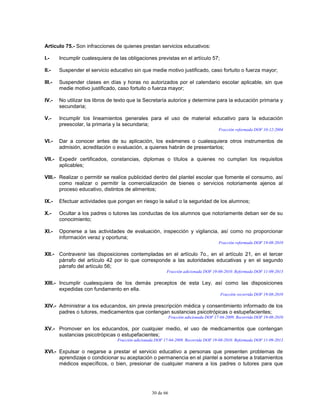 30 de 66
Artículo 75.- Son infracciones de quienes prestan servicios educativos:
I.- Incumplir cualesquiera de las obligaciones previstas en el artículo 57;
II.- Suspender el servicio educativo sin que medie motivo justificado, caso fortuito o fuerza mayor;
III.- Suspender clases en días y horas no autorizados por el calendario escolar aplicable, sin que
medie motivo justificado, caso fortuito o fuerza mayor;
IV.- No utilizar los libros de texto que la Secretaría autorice y determine para la educación primaria y
secundaria;
V.- Incumplir los lineamientos generales para el uso de material educativo para la educación
preescolar, la primaria y la secundaria;
Fracción reformada DOF 10-12-2004
VI.- Dar a conocer antes de su aplicación, los exámenes o cualesquiera otros instrumentos de
admisión, acreditación o evaluación, a quienes habrán de presentarlos;
VII.- Expedir certificados, constancias, diplomas o títulos a quienes no cumplan los requisitos
aplicables;
VIII.- Realizar o permitir se realice publicidad dentro del plantel escolar que fomente el consumo, así
como realizar o permitir la comercialización de bienes o servicios notoriamente ajenos al
proceso educativo, distintos de alimentos;
IX.- Efectuar actividades que pongan en riesgo la salud o la seguridad de los alumnos;
X.- Ocultar a los padres o tutores las conductas de los alumnos que notoriamente deban ser de su
conocimiento;
XI.- Oponerse a las actividades de evaluación, inspección y vigilancia, así como no proporcionar
información veraz y oportuna;
Fracción reformada DOF 19-08-2010
XII.- Contravenir las disposiciones contempladas en el artículo 7o., en el artículo 21, en el tercer
párrafo del artículo 42 por lo que corresponde a las autoridades educativas y en el segundo
párrafo del artículo 56;
Fracción adicionada DOF 19-08-2010. Reformada DOF 11-09-2013
XIII.- Incumplir cualesquiera de los demás preceptos de esta Ley, así como las disposiciones
expedidas con fundamento en ella.
Fracción recorrida DOF 19-08-2010
XIV.- Administrar a los educandos, sin previa prescripción médica y consentimiento informado de los
padres o tutores, medicamentos que contengan sustancias psicotrópicas o estupefacientes;
Fracción adicionada DOF 17-04-2009. Recorrida DOF 19-08-2010
XV.- Promover en los educandos, por cualquier medio, el uso de medicamentos que contengan
sustancias psicotrópicas o estupefacientes;
Fracción adicionada DOF 17-04-2009. Recorrida DOF 19-08-2010. Reformada DOF 11-09-2013
XVI.- Expulsar o negarse a prestar el servicio educativo a personas que presenten problemas de
aprendizaje o condicionar su aceptación o permanencia en el plantel a someterse a tratamientos
médicos específicos, o bien, presionar de cualquier manera a los padres o tutores para que
 