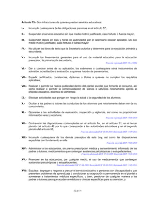 32 de 74
Artículo 75.- Son infracciones de quienes prestan servicios educativos:
I.- Incumplir cualesquiera de las obligaciones previstas en el artículo 57;
II.- Suspender el servicio educativo sin que medie motivo justificado, caso fortuito o fuerza mayor;
III.- Suspender clases en días y horas no autorizados por el calendario escolar aplicable, sin que
medie motivo justificado, caso fortuito o fuerza mayor;
IV.- No utilizar los libros de texto que la Secretaría autorice y determine para la educación primaria y
secundaria;
V.- Incumplir los lineamientos generales para el uso de material educativo para la educación
preescolar, la primaria y la secundaria;
Fracción reformada DOF 10-12-2004
VI.- Dar a conocer antes de su aplicación, los exámenes o cualesquiera otros instrumentos de
admisión, acreditación o evaluación, a quienes habrán de presentarlos;
VII.- Expedir certificados, constancias, diplomas o títulos a quienes no cumplan los requisitos
aplicables;
VIII.- Realizar o permitir se realice publicidad dentro del plantel escolar que fomente el consumo, así
como realizar o permitir la comercialización de bienes o servicios notoriamente ajenos al
proceso educativo, distintos de alimentos;
IX.- Efectuar actividades que pongan en riesgo la salud o la seguridad de los alumnos;
X.- Ocultar a los padres o tutores las conductas de los alumnos que notoriamente deban ser de su
conocimiento;
XI.- Oponerse a las actividades de evaluación, inspección y vigilancia, así como no proporcionar
información veraz y oportuna;
Fracción reformada DOF 19-08-2010
XII.- Contravenir las disposiciones contempladas en el artículo 7o., en el artículo 21, en el tercer
párrafo del artículo 42 por lo que corresponde a las autoridades educativas y en el segundo
párrafo del artículo 56;
Fracción adicionada DOF 19-08-2010. Reformada DOF 11-09-2013
XIII.- Incumplir cualesquiera de los demás preceptos de esta Ley, así como las disposiciones
expedidas con fundamento en ella.
Fracción recorrida DOF 19-08-2010
XIV.- Administrar a los educandos, sin previa prescripción médica y consentimiento informado de los
padres o tutores, medicamentos que contengan sustancias psicotrópicas o estupefacientes;
Fracción adicionada DOF 17-04-2009. Recorrida DOF 19-08-2010
XV.- Promover en los educandos, por cualquier medio, el uso de medicamentos que contengan
sustancias psicotrópicas o estupefacientes;
Fracción adicionada DOF 17-04-2009. Recorrida DOF 19-08-2010. Reformada DOF 11-09-2013
XVI.- Expulsar, segregar o negarse a prestar el servicio educativo a personas con discapacidad o que
presenten problemas de aprendizaje o condicionar su aceptación o permanencia en el plantel a
someterse a tratamientos médicos específicos, o bien, presionar de cualquier manera a los
padres o tutores para que acudan a médicos o clínicas específicas para su atención, y
 