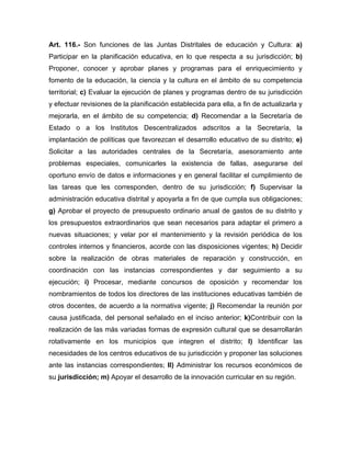 Art. 116.- Son funciones de las Juntas Distritales de educación y Cultura: a)
Participar en la planificación educativa, en lo que respecta a su jurisdicción; b)
Proponer, conocer y aprobar planes y programas para el enriquecimiento y
fomento de la educación, la ciencia y la cultura en el ámbito de su competencia
territorial; c) Evaluar la ejecución de planes y programas dentro de su jurisdicción
y efectuar revisiones de la planificación establecida para ella, a fin de actualizarla y
mejorarla, en el ámbito de su competencia; d) Recomendar a la Secretaría de
Estado o a los Institutos Descentralizados adscritos a la Secretaría, la
implantación de políticas que favorezcan el desarrollo educativo de su distrito; e)
Solicitar a las autoridades centrales de la Secretaría, asesoramiento ante
problemas especiales, comunicarles la existencia de fallas, asegurarse del
oportuno envío de datos e informaciones y en general facilitar el cumplimiento de
las tareas que les corresponden, dentro de su jurisdicción; f) Supervisar la
administración educativa distrital y apoyarla a fin de que cumpla sus obligaciones;
g) Aprobar el proyecto de presupuesto ordinario anual de gastos de su distrito y
los presupuestos extraordinarios que sean necesarios para adaptar el primero a
nuevas situaciones; y velar por el mantenimiento y la revisión periódica de los
controles internos y financieros, acorde con las disposiciones vigentes; h) Decidir
sobre la realización de obras materiales de reparación y construcción, en
coordinación con las instancias correspondientes y dar seguimiento a su
ejecución; i) Procesar, mediante concursos de oposición y recomendar los
nombramientos de todos los directores de las instituciones educativas también de
otros docentes, de acuerdo a la normativa vigente; j) Recomendar la reunión por
causa justificada, del personal señalado en el inciso anterior; k)Contribuir con la
realización de las más variadas formas de expresión cultural que se desarrollarán
rotativamente en los municipios que integren el distrito; l) Identificar las
necesidades de los centros educativos de su jurisdicción y proponer las soluciones
ante las instancias correspondientes; ll) Administrar los recursos económicos de
su jurisdicción; m) Apoyar el desarrollo de la innovación curricular en su región.

 