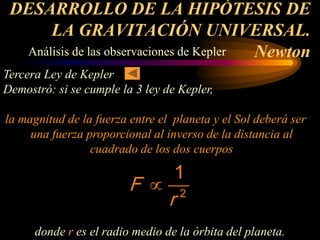 DESARROLLO DE LA HIPÓTESIS DE
LA GRAVITACIÓN UNIVERSAL.
Newton
Análisis de las observaciones de Kepler
Tercera Ley de Kepler
Demostró: si se cumple la 3 ley de Kepler,
la magnitud de la fuerza entre el planeta y el Sol deberá ser
una fuerza proporcional al inverso de la distancia al
cuadrado de los dos cuerpos
2
1
F
r
∝
donde r es el radio medio de la órbita del planeta.
 
