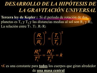 DESARROLLO DE LA HIPÓTESIS DE
LA GRAVITACIÓN UNIVERSAL
Tercera ley de Kepler : Si el período de rotación de dos
planetas es T1 y T2 y las distancias medias al sol son R1 y R2,
La relación entre T1 , T2 , R1 R2
3 2
1 1
2 2
R T
R T
   
=
   
   
3 3
1 2
2 2
1 2
R R
k
T T
= =
•K es una constante para todos los cuerpos que giran alrededor
de una masa central
 