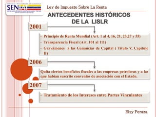 Ley de Impuesto Sobre La Renta
Elsy Peraza.
2001
• Principio de Renta Mundial (Art. 1 al 4, 16, 21, 23,27 y 55)
• Transparencia Fiscal (Art. 101 al 111)
• Gravámenes a las Ganancias de Capital ( Título V, Capítulo
II)
2006
Quita ciertos beneficios fiscales a las empresas petroleras y a las
que habían suscrito convenios de asociación con el Estado.
2007
• Tratamiento de los Intereses entre Partes Vinculantes
 
