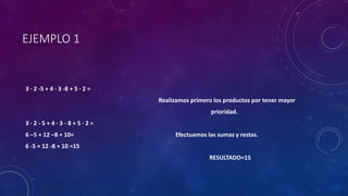 EJEMPLO 1
3 · 2 -5 + 4 · 3 -8 + 5 · 2 =
Realizamos primero los productos por tener mayor
prioridad.
3 · 2 - 5 + 4 · 3 - 8 + 5 · 2 =
6 –5 + 12 –8 + 10= Efectuamos las sumas y restas.
6 -5 + 12 -8 + 10 =15
RESULTADO=15
 