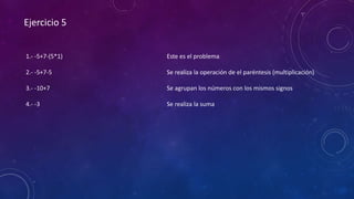 Ejercicio 5
1.- -5+7-(5*1)
2.- -5+7-5
3.- -10+7
4.- -3
Este es el problema
Se realiza la operación de el paréntesis (multiplicación)
Se agrupan los números con los mismos signos
Se realiza la suma
 
