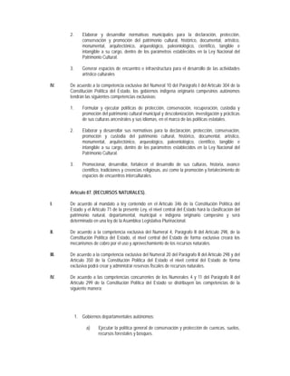 2.      Elaborar y desarrollar normativas municipales para la declaración, protección,
               conservación y promoción del patrimonio cultural, histórico, documental, artístico,
               monumental, arquitectónico, arqueológico, paleontológico, científico, tangible e
               intangible a su cargo, dentro de los parámetros establecidos en la Ley Nacional del
               Patrimonio Cultural.

       3.      Generar espacios de encuentro e infraestructura para el desarrollo de las actividades
               artístico culturales

IV.    De acuerdo a la competencia exclusiva del Numeral 10 del Parágrafo I del Artículo 304 de la
       Constitución Política del Estado, los gobiernos indígena originario campesinos autónomos
       tendrán las siguientes competencias exclusivas:

       1.      Formular y ejecutar políticas de protección, conservación, recuperación, custodia y
               promoción del patrimonio cultural municipal y descolonización, investigación y prácticas
               de sus culturas ancestrales y sus idiomas, en el marco de las políticas estatales.

       2.      Elaborar y desarrollar sus normativas para la declaración, protección, conservación,
               promoción y custodia del patrimonio cultural, histórico, documental, artístico,
               monumental, arquitectónico, arqueológico, paleontológico, científico, tangible e
               intangible a su cargo, dentro de los parámetros establecidos en la Ley Nacional del
               Patrimonio Cultural.

       3.      Promocionar, desarrollar, fortalecer el desarrollo de sus culturas, historia, avance
               científico, tradiciones y creencias religiosas, así como la promoción y fortalecimiento de
               espacios de encuentros interculturales.


       Artículo 87. (RECURSOS NATURALES).

I.     De acuerdo al mandato a ley contenido en el Artículo 346 de la Constitución Política del
       Estado y el Artículo 71 de la presente Ley, el nivel central del Estado hará la clasificación del
       patrimonio natural, departamental, municipal e indígena originario campesino y será
       determinada en una ley de la Asamblea Legislativa Plurinacional.

II.    De acuerdo a la competencia exclusiva del Numeral 4, Parágrafo II del Artículo 298, de la
       Constitución Política del Estado, el nivel central del Estado de forma exclusiva creará los
       mecanismos de cobro por el uso y aprovechamiento de los recursos naturales.

III.   De acuerdo a la competencia exclusiva del Numeral 20 del Parágrafo II del Artículo 298 y del
       Artículo 350 de la Constitución Política del Estado el nivel central del Estado de forma
       exclusiva podrá crear y administrar reservas fiscales de recursos naturales.

IV.    De acuerdo a las competencias concurrentes de los Numerales 4 y 11 del Parágrafo II del
       Artículo 299 de la Constitución Política del Estado se distribuyen las competencias de la
       siguiente manera:




            1. Gobiernos departamentales autónomos:

                 a)     Ejecutar la política general de conservación y protección de cuencas, suelos,
                        recursos forestales y bosques.
 