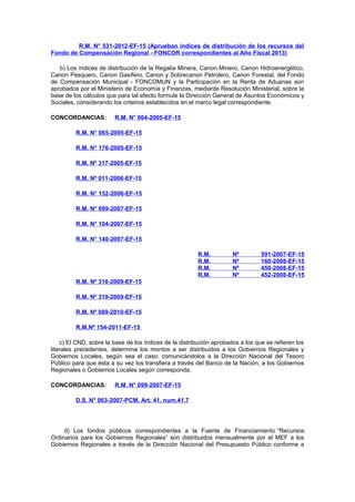 R.M. N° 531-2012-EF-15 (Aprueban índices de distribución de los recursos del
Fondo de Compensación Regional - FONCOR correspondientes al Año Fiscal 2013)
b) Los índices de distribución de la Regalía Minera, Canon Minero, Canon Hidroenergético,
Canon Pesquero, Canon Gasífero, Canon y Sobrecanon Petrolero, Canon Forestal, del Fondo
de Compensación Municipal - FONCOMUN y la Participación en la Renta de Aduanas son
aprobados por el Ministerio de Economía y Finanzas, mediante Resolución Ministerial, sobre la
base de los cálculos que para tal efecto formule la Dirección General de Asuntos Económicos y
Sociales, considerando los criterios establecidos en el marco legal correspondiente.
CONCORDANCIAS:

R.M. N° 064-2005-EF-15

R.M. N° 065-2005-EF-15
R.M. N° 176-2005-EF-15
R.M. Nº 317-2005-EF-15
R.M. Nº 011-2006-EF-15
R.M. N° 152-2006-EF-15
R.M. N° 099-2007-EF-15
R.M. N° 104-2007-EF-15
R.M. N° 140-2007-EF-15
R.M.
R.M.
R.M.
R.M.

Nº
Nº
Nº
Nº

591-2007-EF-15
160-2008-EF-15
450-2008-EF-15
452-2008-EF-15

R.M. Nº 318-2009-EF-15
R.M. Nº 319-2009-EF-15
R.M. Nº 089-2010-EF-15
R.M.Nº 154-2011-EF-15
c) El CND, sobre la base de los índices de la distribución aprobados a los que se refieren los
literales precedentes, determina los montos a ser distribuidos a los Gobiernos Regionales y
Gobiernos Locales, según sea el caso, comunicándolos a la Dirección Nacional del Tesoro
Público para que ésta a su vez los transfiera a través del Banco de la Nación, a los Gobiernos
Regionales o Gobiernos Locales según corresponda.
CONCORDANCIAS:

R.M. N° 099-2007-EF-15

D.S. N° 063-2007-PCM, Art. 41, num.41.7

d) Los fondos públicos correspondientes a la Fuente de Financiamiento “Recursos
Ordinarios para los Gobiernos Regionales” son distribuidos mensualmente por el MEF a los
Gobiernos Regionales a través de la Dirección Nacional del Presupuesto Público conforme a

 