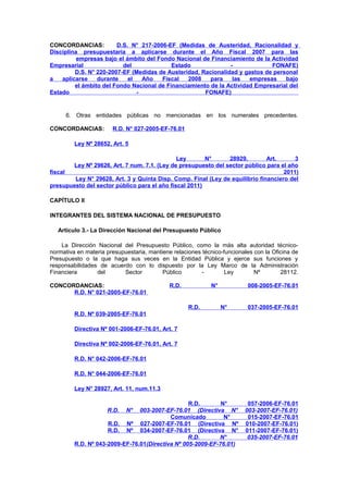 CONCORDANCIAS:
D.S. N° 217-2006-EF (Medidas de Austeridad, Racionalidad y
Disciplina presupuestaria a aplicarse durante el Año Fiscal 2007 para las
empresas bajo el ámbito del Fondo Nacional de Financiamiento de la Actividad
Empresarial
del
Estado
FONAFE)
D.S. N° 220-2007-EF (Medidas de Austeridad, Racionalidad y gastos de personal
a
aplicarse
durante
el
Año
Fiscal
2008
para
las
empresas
bajo
el ámbito del Fondo Nacional de Financiamiento de la Actividad Empresarial del
Estado
FONAFE)

6. Otras entidades públicas no mencionadas en los numerales precedentes.
CONCORDANCIAS:

R.D. N° 027-2005-EF-76.01

Ley Nº 28652, Art. 5
Ley
N°
28929,
Art.
3
Ley Nº 29626, Art. 7 num. 7.1. (Ley de presupuesto del sector público para el año
fiscal
2011)
Ley N° 29628, Art. 3 y Quinta Disp. Comp. Final (Ley de equilibrio financiero del
presupuesto del sector público para el año fiscal 2011)
CAPÍTULO II
INTEGRANTES DEL SISTEMA NACIONAL DE PRESUPUESTO
Artículo 3.- La Dirección Nacional del Presupuesto Público
La Dirección Nacional del Presupuesto Público, como la más alta autoridad técniconormativa en materia presupuestaria, mantiene relaciones técnico-funcionales con la Oficina de
Presupuesto o la que haga sus veces en la Entidad Pública y ejerce sus funciones y
responsabilidades de acuerdo con lo dispuesto por la Ley Marco de la Administración
Financiera
del
Sector
Público
Ley
Nº
28112.
CONCORDANCIAS:
R.D. N° 021-2005-EF-76.01

R.D.

N°

R.D.

008-2005-EF-76.01

N°

037-2005-EF-76.01

R.D. Nº 039-2005-EF-76.01
Directiva Nº 001-2006-EF-76.01, Art. 7
Directiva Nº 002-2006-EF-76.01, Art. 7
R.D. N° 042-2006-EF-76.01
R.D. N° 044-2006-EF-76.01
Ley N° 28927, Art. 11, num.11.3
R.D.
N°
003-2007-EF-76.01 (Directiva N°
Comunicado
N°
R.D. Nº 027-2007-EF-76.01 (Directiva Nº
R.D. Nº 034-2007-EF-76.01 (Directiva N°
R.D.
N°
R.D. Nº 043-2009-EF-76.01(Directiva Nº 005-2009-EF-76.01)
R.D.

N°

057-2006-EF-76.01
003-2007-EF-76.01)
015-2007-EF-76.01
010-2007-EF-76.01)
011-2007-EF-76.01)
035-2007-EF-76.01

 