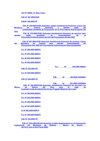 LEY N° 28562, 14. Disp. Trans.
R.M. N° 227-2005-PCM
R.M.Nº 195-2005-TR

Ministerio

R.M. N° 255-2005-PCM (Autorizan realizar transferencia financiera a favor del
de
Justicia,
destinada
a
atender
saldo
del
presupuesto pendiente de financiación de la Procuraduría Anticorrupción Ad

Hoc)
atender

del

R.M. N° 275-2005-PCM (Autorizan transferencia financiera de recursos para
saldo
pendiente
de
financiamiento
de
la
Procuraduría Anticorrupción Ad Hoc del Presupuesto del año 2005
R.M. Nº 287-2005-PCM (Autorizan transferencia financiera de recursos a favor
Ministerio
de
Justicia
para
atender
financiamiento
del
Presupuesto Año 2005 de Procuradurías Anticorrupción Descentralizadas)
R.J. N° 200-2005-INDECI
R.J. Nº 201-2005-INDECI
R.J. Nº 202-2005-INDECI
R.J. Nº 203-2005-INDECI
R.J.

Nº

204-2005-INDECI

R.M. N° 233-2005-TR
R.J. Nº 256-2005-INDECI
R.M.

Nº

220-2005-VIVIENDA

R.M. N° 284-2005-TR
R.M.
Nº
261-2005-VIVIENDA
R.M. N° 394-2005-PCM (Autorizan transferencia financiera de recursos a la
Marina
de
Guerra
del
Perú
para
el
pago
de
la primera cuota de adquisición de dos Fragatas Misileras tipo Lupo)
R.J. Nº 382-2005-INDECI
R.J. Nº 383-2005-INDECI
R.J. Nº 384-2005-INDECI
R.J. Nº 391-2005-INDECI
R. Nº 583-2005-INPE-P
R.J. N° 385-2005-INDECI
R.M. N° 353-2005-TR
R.M. Nº 1034-2005-DE-SG (Autorizan Crédito Suplementario en el Presupuesto
Institucional
del
Ministerio
de
Defensa
Marina
de
Guerra
del Perú, para el Año Fiscal 2005)

 