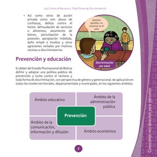 Ley Contra el Racismo y Toda Forma de Discriminación
7
• Así como otros de acción
privada como son: abuso de
confianza, delitos contra el
honor, defraudación de servicios
o alimentos, alzamiento de
bienes, perturbación de la
posesión, apropiación indebida,
daño simple e insultos y otras
agresiones verbales por motivos
racistas o discriminatorios.
Prevención y educación
Es deber del Estado Plurinacional de Bolivia
definir y adoptar una política pública de
prevención y lucha contra el racismo y
toda forma de discriminación, con perspectiva de género y generacional, de aplicación en
todos los niveles territoriales, departamentales y municipales, en los siguientes ámbitos:
Ámbito educativo
Ámbito de la
administración
pública
Ámbito de la
comunicación,
información y difusión Ámbito económico
Prevención
Discriminación
por edad
 