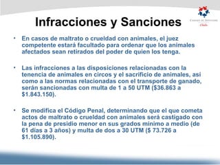 Infracciones y Sanciones   En casos de maltrato o crueldad con animales, el juez competente estará facultado para ordenar que los animales afectados sean retirados del poder de quien los tenga. Las infracciones a las disposiciones relacionadas con la tenencia de animales en circos y el sacrificio de animales, así como a las normas relacionadas con el transporte de ganado, serán sancionadas con multa de 1 a 50 UTM ($36.863 a $1.843.150). Se modifica el Código Penal, determinando que el que cometa actos de maltrato o crueldad con animales será castigado con la pena de presidio menor en sus grados mínimo a medio (de 61 días a 3 años) y multa de dos a 30 UTM ($ 73.726 a $1.105.890). 