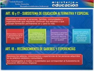 ART. 16 y 17 - SUBSISTEMA DE EDUCACIÓN ALTERNATIVA Y ESPECIAL
Destinada a atender a personas, familias, comunidades y
organizaciones que requieren continuar sus estudios o que
precisan formación permanente en y para la vida.



                                                                            Desarrollar políticas,
                              Contribuye a         Garantiza a personas
 Democratiza el acceso                                                      planes, programas y
                          desarrollar políticas,   con discapacidad, una
 y permanencia de las                                                           p/p talentos
                          planes, programas y       educación oportuna,
  personas mayores a                                                          extraordinarios,
                         proyectos educativos      pertinente e integral,
      quince años                                                              dificultades de
                            no escolarizados           con igualdad
                                                                                aprendizaje




ART. 18 – RECONOCIMIENTO DE SABERES Y EXPERIENCIAS
 Reconoce los saberes, conocimientos y experiencias de las personas adquiridos
 en su práctica cotidiana y comunitaria.
 Son homologados a niveles y modalidades que correspondan al Subsistema de
 Educación Alternativa y Especial.
 