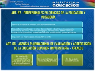 ART. 67 - PROFESIONALES EN CIENCIAS DE LA EDUCACIÓN Y
                        PEDAGOGÍA
   Apoyan y fortalecen al Sistema Educativo Plurinacional.

   Desarrollan metodologías y técnicas de orientación educativa, psicopedagogía,
   educación a distancia, formación pedagógica, investigación, diseño curricular,
   evaluación de proyectos y procesos educativos, planificación y gestión educativa.

   No pueden ser incorporados al Escalafón docente



ART. 68 - AGENCIA PLURINACIONAL DE EVALUACIÓN Y ACREDITACIÓN
      DE LA EDUCACIÓN SUPERIOR UNIVERSITARIA – APEAESU
         La evaluación
         contempla la
                                   Serán acreditadas con               Es de carácter
      autoevaluación, la
                                   resultados favorables.             descentralizado.
    evaluación por pares y
     la evaluación social.
 