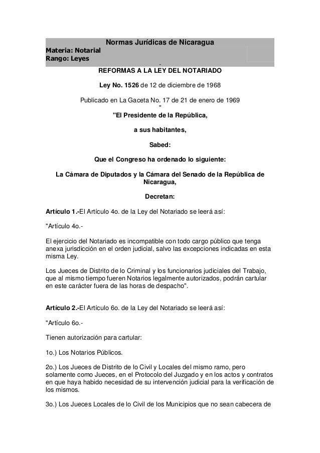 Ley notariado nicaragua con adendums jurídicos complementarios