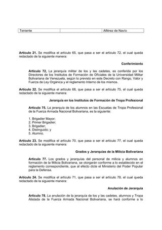 Teniente Alférez de Navío
Artículo 21. Se modifica el artículo 65, que pasa a ser el artículo 72, el cual queda
redactado de la siguiente manera:
Conferímiento
Artículo 72, La jerarquía militar de los y las cadetes, es conferida por los
Directores de los Institutos de Formación de Ofíciales de la Universidad Militar
Bolivariana de Venezuela, según lo previsto en este Decreto con Rango, Valor y
Fuerza de Ley Orgánica y el reglamento Interno de los mismos.
Artículo 22. Se modifica el artículo 68, que pasa a ser el artículo 75, el cual queda
redactado de la siguiente manera:
Jerarquía en los Institutos de Formación de Tropa Profesional
Artículo 75. La jerarquía de los alumnos en las Escuelas de Tropa Profesional
de la Fuerza Armada Nacional Bolivariana, es la siguiente:
1. Brigadier Mayor;
2. Primer Brigadier;
3. Brigadier;
4. Distinguido; y
5. Alumno.
Artículo 23. Se modifica el artículo 70, que pasa a ser el artículo 77, el cual queda
redactado de la siguiente manera:
Grados y Jerarquías de la Milicia Bolivariana
Artículo 77. Los grados y jerarquías del personal de milicia y alumnos en
formación de la Milicia Bolivariana, se otorgarán conforme a lo establecido en el
reglamento correspondiente, que al efecto dicte el Ministerio del Poder Popular
para la Defensa.
Artículo 24. Se modifica el artículo 71, que pasa a ser el artículo 78, el cual queda
redactado de la siguiente manera:
Anulación de Jerarquía
Artículo 78. La anulación de la jerarquía de los y las cadetes, alumnos y Tropa
Alistada de la Fuerza Armada Nacional Bolivariana, se hará conforme a lo
 