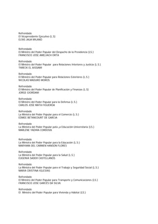 Refrendado
El Vicepresidente Ejecutivo (L.S)
ELÍAS JAUA MILANO
Refrendado
El Ministro del Poder Popular del Despacho de la Presidencia (LS.)
FRANCISCO JOSE AMELIACH ORTA
Refrendado
El Ministro del Poder Popular para Relaciones Interiores y Justicia (L.S.)
TARECK EL AISSAMI
Refrendado
El Ministro del Poder Popular para Relaciones Exteriores (L.S.)
NICOLAS MADURO MOROS
Refrendado
El Ministro del Poder Popular de Planificación y Finanzas (L.S)
JORGE GIORDAN!
Refrendado
El Ministro del Poder Popular para la Defensa (L.S.)
CARLOS JOSE MATA FIGUEROA
Refrendado
La Ministra del Poder Popular para el Comercio (L.S.)
EDMEE BETANCOURT DE GARCIA
Refrendado
La Ministra del Poder Popular pata ¡a Educación Universitaria (LS.)
MARLENE YADIRA CORDOVA
Refrendado
La Ministra del Poder Popular para la Educación (L.S.)
MARYANN DEL CARMEN HANSON FLORES
Refrendado
La Ministra del Poder Popular para la Salud (L.S.)
EUGENIA SADER CASTELLANOS
Refrendado
La Ministra del Poder Popular para el Trabajo y Seguridad Social (L.S.)
MARIA CRISTINA IGLESIAS
Refrendado
El Ministro del Poder Popular para Transporte y Comunicaciones (LS.)
FRANCISCO JOSE GARCÉS DA SILVA
Refrendado
El Ministro del Poder Popular para Vivienda y Hábitat (LS.)
 