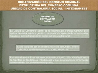 ORGANIZAICÓN DEL CONSEJO COMUNAL 
ESTRUCTURA DEL CONSEJO COMUNAL 
UNIDAD DE CONTRALORÍA SOCIAL - INTEGRANTES 
UNIDAD DE 
CONTRALORÍA 
SOCIAL 
La Unidad de Contraloría Social es la instancia del Consejo Comunal para 
realizar la evaluación de la gestión comunitaria y la vigilancia de las actividades, 
recursos y administración de los fondos del Consejo Comunal. 
Estará integrada por cinco habitantes de la comunidad, electos 
o electas, a través de un proceso de elección popular. 
Esta unidad realizará sus funciones sin menoscabo del control social que ejerza 
la Asamblea de Ciudadanos y Ciudadanas y otras organizaciones comunitarias, 
de conformidad con el ordenamiento jurídico. 
 