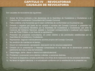 CAPITULO IV - REVOCATORIAS 
CAUSALES DE REVOCATORIA 
Son causales de revocatoria las siguientes: 
1. Actuar de forma contraria a las decisiones de la Asamblea de Ciudadanos y Ciudadanas o el 
Colectivo de Coordinación Comunitaria del Consejo Comunal. 
2. Falta evidente a las funciones que le sean conferidas de conformidad con la presente Ley. 
3. Omisión o negativa por parte de los voceros o voceras del Consejo Comunal, a presentar los 
proyectos comunitarios decididos por la Asamblea de Ciudadanos y Ciudadanas, por ante la 
instancia del Gobierno Nacional, estadal o municipal correspondiente o cualquier otro órgano o 
ente del Poder Público, a los fines de su aprobación. 
4. Presentar los proyectos comunitarios, en orden distinto a las prioridades establecidas por la 
Asamblea de Ciudadanos y Ciudadanas. 
5. Representar, negociar individualmente asuntos propios del Consejo Comunal. 
6. No rendición de cuentas en el tiempo. 
7. Incurrir en malversación, apropiación, desviación de los recursos asignadosl. 
8. Omisión en la presentación o falsedad comprobada en los datos de la declaración jurada de 
patrimonio de inicio y cese de funciones. 
9. Desproteger, dañar, alterar o destruir el material electoral . 
10. Proclamar y juramentar como electos o electas, a personas distintas. 
11. No hacer la respectiva y amplia publicidad a los fines de la realización de los procesos electorales. 
12. No llevar el registro electoral, o no actualizarlo conforme con lo establecido en la presente Ley. 
 