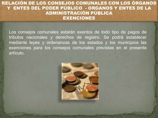 RELACIÓN DE LOS CONSEJOS COMUNALES CON LOS ÓRGANOS 
Y ENTES DEL PODER PÚBLICO - ORGANOS Y ENTES DE LA 
ADMINISTRACIÓN PÚBLICA 
EXENCIONES 
Los consejos comunales estarán exentos de todo tipo de pagos de 
tributos nacionales y derechos de registro. Se podrá establecer 
mediante leyes y ordenanzas de los estados y los municipios las 
exenciones para los consejos comunales previstas en el presente 
artículo. 
 