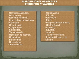 DISPOSICIONES GENERALES 
PRINCIPIOS Y VALORES 
•Corresponsabilidad, 
•Democracia, 
•Identidad Nacional, 
•Libre debate de las ideas, 
•Celeridad, 
•Coordinación, 
•Cooperación, 
•Solidaridad, 
•Transparencia, 
•Rendición de cuentas, 
•Honestidad, 
•Bien común, 
•Humanismo, 
•Territorialidad, 
•Colectivismo, 
•Eficacia, 
•Eficiencia, 
•Ética, 
•Responsabilidad Social, 
•Control Social, 
•Libertad, 
•Equidad, 
•Justicia, 
•Trabajo Voluntario, 
•Igualdad Social y de 
Género. 
 