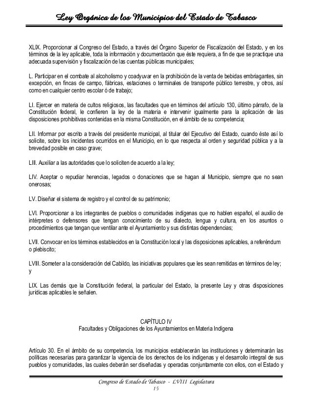 Ley organica de los mpios del estado de tabasco Ley organica de los mpios del estado de tabasco