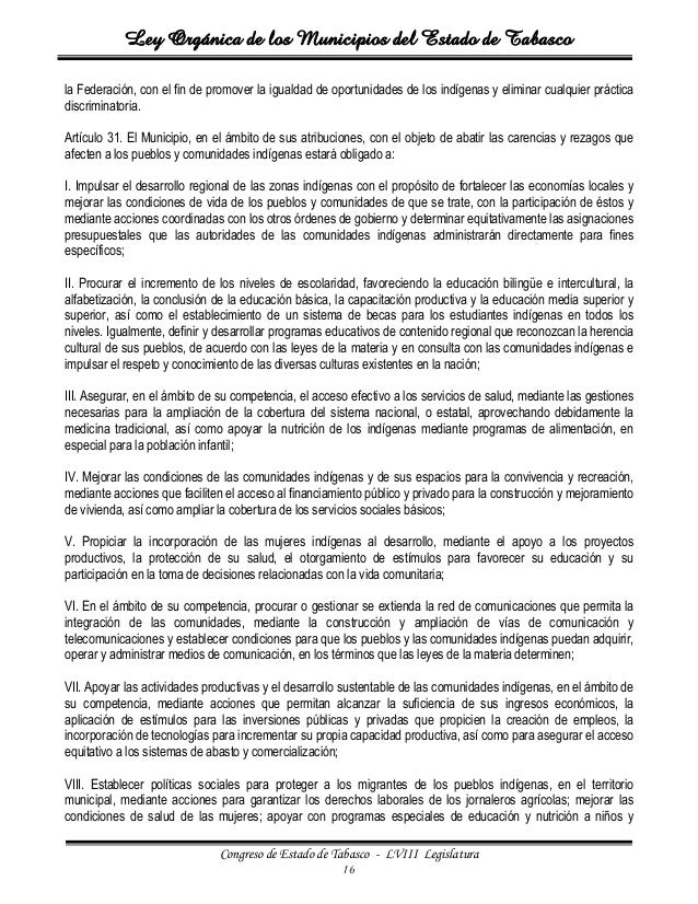 Ley organica de los mpios del estado de tabasco Ley organica de los mpios del estado de tabasco