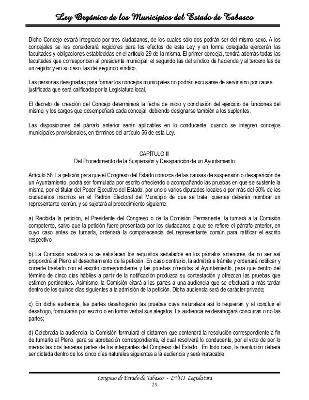Ley organica de los mpios del estado de tabasco Ley organica de los mpios del estado de tabasco