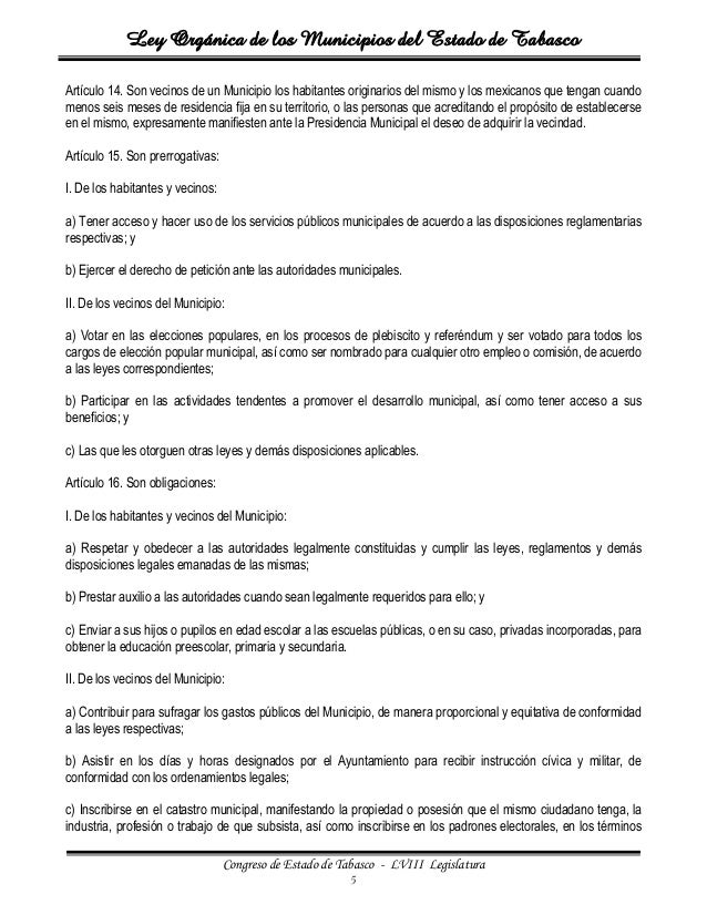 Ley organica de los mpios del estado de tabasco Ley organica de los mpios del estado de tabasco