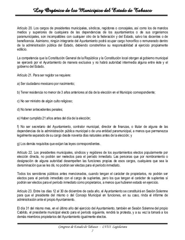 Ley organica de los mpios del estado de tabasco Ley organica de los mpios del estado de tabasco