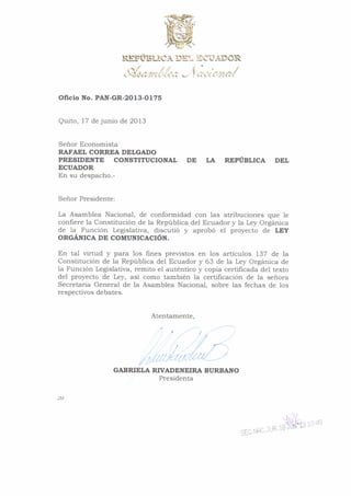 Ley Orgánica de Comunicación remitida al Ejecutivo (17-Jun-2013)