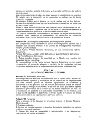 55 
penales, un experto o experta de la misma y el operador del horno o del sistema
de destrucción.
Los mismos suscribirán el acta o las actas que por el procedimiento se levanten.
El traslado para la destrucción de las sustancias se realizará con la debida
protección y custodia.
El Ministerio Público podrá designar en forma rotativa, uno de los distintos
fiscales de la jurisdicción para ejecutar la destrucción ordenada de las sustancias
en uno o varios casos.
El juez o jueza de control autorizará, por cualquier medio, la destrucción de las
sustancias incautadas, cuando se trate de una situación de extrema necesidad y
urgencia debidamente justificada, a solicitud del Ministerio Público.
La Comisión Permanente con competencia en materia de drogas de la Asamblea
Nacional, podrá presenciar el procedimiento de destrucción de sustancias
incautadas, en su función de control sobre la Administración Pública.
 
Artículo 194 De los órganos competentes de investigaciones penales
Son competentes como autoridades de policía de investigaciones penales bajo la
dirección del Ministerio Público: 1. El Cuerpo de Investigaciones Científicas,
Penales y Criminalísticas.
2. La Fuerza Armada Nacional Bolivariana, en sus componentes Ejército
Bolivariano,
Armada Bolivariana, Aviación Militar Bolivariana y Guardia Nacional Bolivariana.
3. La Policía Nacional Bolivariana.
4. Todos aquellos órganos de seguridad de la Nación que cuenten con
capacidad técnica y científica.
Es responsabilidad de la Fuerza Armada Nacional Bolivariana, en sus cuatro
componentes, el resguardo aduanero y sanitario de las sustancias químicas
controladas, estupefacientes y sustancias psicotrópicas que regula esta Ley.
 
TÍTULO VII
DEL CONSEJO NACIONAL ELECTORAL
 
Artículo 195 Atribuciones especiales
El Consejo Nacional Electoral en coordinación con el órgano rector, tendrá a su
cargo el control, vigilancia y fiscalización de las finanzas de las organizaciones
con fines políticos, grupos de electores, agrupaciones de ciudadanos y
ciudadanas y de las personas que se postulen por iniciativa propia, en relación
con el origen y manejo de los fondos, a los fines de evitar que reciban aportes
económicos provenientes de la comisión de los delitos establecidos en esta Ley,
la legitimación de capitales o de actividades relacionadas con los mismos, para
lo cual tendrá facultades de determinar, controlar, regular e investigar los fondos
de financiamiento de las organizaciones con fines políticos.
 
Artículo 196 Funciones
Para el ejercicio de lo dispuesto en el artículo anterior, el Consejo Nacional
Electoral podrá:
1. Practicar auditorías.
2. Revisar las cuentas bancarias o depósitos de cualquier naturaleza de partidos
políticos o grupos de electores.
3. Revisar los libros de contabilidad y administración, y los documentos
relacionados con dichas actividades.
 
