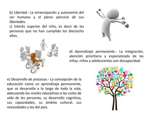 b) Libertad.- La emancipación y autonomía del
ser humano y el pleno ejercicio de sus
libertades.
c) Interés superior del niño, es decir de las
personas que no han cumplido los dieciocho
años.
d) Aprendizaje permanente.- La integración,
atención prioritaria y especializada de las
niñas, niños y adolescentes con discapacidad.
e) Desarrollo de procesos.- La concepción de la
educación como un aprendizaje permanente,
que se desarrolla a lo largo de toda la vida,
adecuando los niveles educativos a los ciclos de
vida de las personas, su desarrollo cognitivo,
sus capacidades, su ámbito cultural, sus
necesidades y las del país.
 