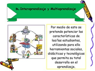 Por medio de esto se pretende potenciar las características de los/las estudiantes, utilizando para ello herramientas sociales, didácticas y tecnológicas que permita su total desarrollo en el aprendizaje. h.  Interaprendizaje y Multiaprendizaje 