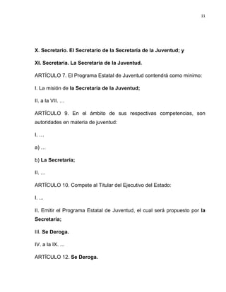 11	
  
	
  

X. Secretario. El Secretario de la Secretaría de la Juventud; y
XI. Secretaría. La Secretaría de la Juventud.
ARTÍCULO 7. El Programa Estatal de Juventud contendrá como mínimo:
I. La misión de la Secretaría de la Juventud;
II. a la VII. …
ARTÍCULO 9. En el ámbito de sus respectivas competencias, son
autoridades en materia de juventud:
I. …
a) …
b) La Secretaría;
II. …
ARTÍCULO 10. Compete al Titular del Ejecutivo del Estado:
I. ...
II. Emitir el Programa Estatal de Juventud, el cual será propuesto por la
Secretaría;
III. Se Deroga.
IV. a la IX. ...
ARTÍCULO 12. Se Deroga.

 