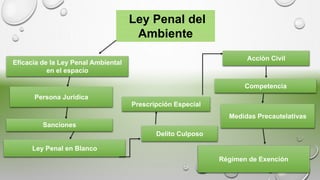 Ley Penal del
Ambiente
Eficacia de la Ley Penal Ambiental
en el espacio
Persona Jurídica
Sanciones
Ley Penal en Blanco
Delito Culposo
Prescripción Especial
Acción Civil
Competencia
Medidas Precautelativas
Régimen de Exención
 