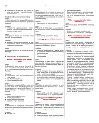 [30] Plan de la patria
•	 Implementación de inventarios en el territorio na-
cional de la generación y manejo de materiales y
desechos peligrosos.
Acueductos y Saneamiento (infraestructura):
Política:
47. Universalizar el servicio de agua potable y la dispo-
nibilidad oportuna para toda la población, garantizando
la equidad.
Programa:
•	 Fortalecimiento, ampliación, operación y manteni-
miento de la infraestructura de almacenamiento y
distribución de agua potable.
Política:
48. Asegurar un ambiente sano mediante el manejo
adecuado de las aguas servidas.
Programa:
•	 Ampliación, operación y mantenimiento de la in-
fraestructura de redes de recolección y plantas de
tratamiento de aguas servidas.
Política:
49. Mantener actualizada la información hidrome-
teorológica.
Programa:
•	 Optimización de la red hidrometeorológica.
Políticas y programas del Sector Vivienda
y Hábitat
Política:
50. Construcción masiva de nuevas viviendas de ca-
rácter social a través de la ejecución directa por parte
de los diferentes entes del Estado Nacional, Regional y
Municipal.
Programas:
•	 Construcción de nuevos desarrollos habitacionales
a nivel nacional.
•	 Gran Misión Vivienda Obrera.
•	 Vivienda para el pueblo militar.
Política:
51. Participación protagónica del Poder Popular en la
ejecución directa de los diferentes programas de vi-
vienda, garantizando el acceso al financiamiento, a la
asistencia técnica, y a los materiales e insumos re-
queridos.
Programas:
•	 Transformación integral del hábitat.
•	 Vivienda para el medio rural.
•	 Vivienda para el pueblo indígena.
•	 Ampliación y mejora de vivienda.
Política:
52. Incorporación del sector privado al financiamiento
y ejecución de viviendas bajo los parámetros estableci-
dos por el Estado.
Programa:
•	 0800-MIHOGAR
Política:
53. Industrialización de la producción de componentes,
materiales e insumos para la construcción, y reforza-
miento de la participación directa del Estado en la pro-
ducción, distribución y comercialización de materiales e
insumos estratégicos.
Programa:
•	 Industrialización del sector construcción.
Política:
54. Desarrollo del hábitat integral con accesibilidad ple-
na a equipamientos urbanos, áreas libres y fuentes de
trabajo.
Programa:
•	 Construcción de equipamientos urbanos.
Políticas y programas del Sector Industrias
Política:
55. Desarrollar y Organizar las redes, así como las rela-
ciones productivas del sector industrial.
Programas:
•	 Sistema de Punto y Círculo, con el objeto de atender
las necesidades de las comunidades aledañas a las
unidades productivas.
•	 Cadenas y encadenamientos productivos de los sec-
tores estratégicos.
Política:
56. Implementar una nueva dinámica productiva, así
como desarrollar un sistema de comercialización, dis-
tribución y logística de bienes intermedios para el sec-
tor industrial nacional.
Programas:
•	 Alianzas estratégicas internacionales que promue-
van el fortalecimiento del sector industrial, garanti-
zando la transferencia tecnológica.
•	 Sistema de comercialización, distribución y logística
de bienes intermedios requeridos en el sector indus-
trial; además un sistema de transporte público de
soporte.
Política:
57. Fortalecer el seguimiento y regulación, así como
establecer mecanismos de incentivos para el sector in-
dustrial público.
Programa:
•	 Sistema de información de la producción y requeri-
mientos industriales con los órganos competentes.
Política y programas del Sector Agricultura,
Tierras y Alimentación
Política:
58. Garantizar la soberanía y la seguridad alimentaria
sobre la base del bienestar social de la población rural
y el desarrollo y ocupación armónica del territorio, en el
marco del modelo agrario socialista.
Programas:
•	 Producción agrícola.
•	 Organización del Poder Popular (productores), para for-
talecer y fomentar diversas formas de organización.
•	 Investigación e innovación.
•	 Sistematización agrícola para la planificación, orga-
nización, ejecución, seguimiento, control y evalua-
ción de las actividades del sector agroalimentario
nacional.
Política y programas del Sector Turismo
(infraestructura)
Política:
59. Promoción para el desarrollo turístico ecológico y
social.
Programas:
•	 Creación de Empresas Turísticas Comunales.
•	 Optimización de la Infraestructura Turística Pública.
Política y programas del Sector Ciencia
y Tecnología (telecomunicaciones)
Política:
60. Garantizar el acceso oportuno y uso adecuado de
las telecomunicaciones y tecnologías de información,
así como la creación de una nueva cultura Científica-
Tecnológica orientada para alcanzar la Soberanía Plena.
Programas:
•	 Garantizar las condiciones que permitan a las co-
munidades, instituciones y organizaciones en el te-
rritorio nacional el acceso oportuno, uso adecuado y
creación de infraestructura en telecomunicaciones
y tecnologías de información, que permita la comu-
nicación oportuna y ética a fin de contribuir con la
satisfacción de las necesidades sociales, mediante
la generación y difusión de los contenidos basados
en valores nacionales multiétnicos y pluriculturales.
•	 Desarrollar una actividad científica, tecnológica, y
de innovación asociada directamente al tejido so-
cioproductivo nacional, que permita la construcción
de las condiciones necesarias para la consecución
de la soberanía económica e independencia tecno-
lógica, como requisito indispensable para la satis-
facción de las necesidades sociales.
•	 Fortalecer y orientar la actividad científica, tecno-
lógica, de innovación y sus aplicaciones hacia las
áreas estratégicas definidas como prioritarias para
el Estado, que permita el aprovechamiento de las
potencialidades y capacidades nacionales para el
desarrollo sustentable y la satisfacción de las nece-
sidades sociales.
•	 Impulsar espacios de integración regional en Améri-
ca Latina y el Caribe, el cambio en la medición inter-
nacional de ciencia, tecnología e innovación.
 