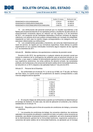 BOLETÍN OFICIAL DEL ESTADO
Núm. 19	 Lunes 23 de enero de 2012	 Sec. I. Pág. 5410
Sueldo (14 meses) Retribución total
PENSIONISTA VICELEHENDAKARI . . . . . . . . . . . . . . . . 3.270,41 45.785,81
PENSIONISTA CONSEJERO/CONSEJERA . . . . . . . . . . . 3.104,64 43.465,02
PENSIONISTA VICECONSEJERO/VICECONSEJERA . . 2.809,78 39.336,91
13.  Las retribuciones del personal eventual que no resulten equivalentes a las
fijadas para el personal descrito en los apartados primero y duodécimo de este artículo no
experimentarán incremento alguno en relación con las vigentes a 31 de diciembre
de 2011, con excepción de las cantidades destinadas a financiar contratos de seguros
colectivos y sin perjuicio de la que pudiera corresponderles por concepto de antigüedad,
respetando en todo caso la cuantía íntegra correspondiente a la categoría a la que
estuvieran referenciadas sus retribuciones.
14.  Los complementos personales y transitorios, así como las indemnizaciones por
razón de servicio, se regirán por sus normativas específicas. Estas últimas no podrán
experimentar en sus cuantías individuales incremento alguno respecto de las vigentes
a 31 de diciembre de 2011.
Artículo 20.  Medidas relativas a las aportaciones a sistemas de previsión social.
Durante el año 2012, las aportaciones a cualquier sistema de previsión social que
incluya la cobertura de la contingencia de jubilación para el personal incluido en sus
ámbitos, y que vayan a realizar la Administración general de la Comunidad Autónoma,
sus organismos autónomos, los entes públicos de derecho privado, las sociedades
públicas y las fundaciones y los consorcios del sector público de la Comunidad Autónoma,
se reducirán en un 50 % respecto a las aplicadas hasta el 1 de junio de 2010.
Artículo 21.  Personal de la Ertzaintza.
1.  De conformidad con el artículo 74.1.a de la Ley 4/1992, de 17 de julio, de Policía
del País Vasco, la cuantía anual del complemento de destino correspondiente a cada
nivel de categoría será la siguiente:
Nivel Cuantía anual
1  6.728,41
2  7.564,14
3  7.946,96
4 10.299,27
5 11.109,61
6 12.902,36
7 13.668,51
8 15.577,78
2.  El conjunto íntegro de retribuciones a percibir por la Ertzaintza se determinará por
el Consejo de Gobierno. En todo caso, les será de aplicación el contenido y los criterios
establecidos en el artículo 19.
Artículo 22.  Requisitos para la firma de acuerdos de condiciones de trabajo y convenios
colectivos.
1.  Los acuerdos de condiciones de trabajo, los convenios colectivos, las revisiones
salariales o los acuerdos de adhesión o extensión en todo o en parte a otros convenios ya
existentes, que afecten al personal funcionario y estatutario, así como al personal laboral
de la Administración general de la Comunidad Autónoma, organismos autónomos y
consorcios del sector público de la Comunidad Autónoma, se aprobarán por el Consejo
cve:BOE-A-2012-968
 