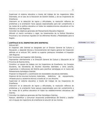 51

Supervisar el sistema educativo a través del trabajo de los inspectores Jefes
Distritales, en el caso de la Educación de Gestión Estatal, y de los Inspectores de
Enseñanza.
Intervenir en la detección de logros y dificultades, la resolución reflexiva de
problemas y la orientación hacia apoyos especializados para dar cumplimiento a
las metas de la política educativa en todos los establecimientos educativos en los
Distritos y en las Regiones.
Concretar los objetivos generales del Planeamiento Educativo Regional
Difundir el marco normativo y legal, los lineamientos de la Política Educativa
Provincial y los consensos logrados en los diferentes Niveles y Modalidades para la
Región.


CAPÍTULO IX EL INSPECTOR JEFE DISTRITAL                                                  Con formato: Fuente: Negrita

Artículo 84°.
El Inspector Jefe Distrital es designado por el Director General de Cultura y
Educación, y depende técnica y funcionalmente del órgano general de Inspección
definido en el artículo 76º, siendo su superior jerárquico inmediato el Inspector
Jefe Regional.
Son funciones del Inspector Jefe Distrital.                                              Eliminado:

Representar distritalmente a la Dirección General de Cultura y Educación de la           Con formato: Numeración y
                                                                                         viñetas
Provincia de Buenos Aires.
Constituir un equipo de trabajo con los Inspectores de Enseñanza, los Consejos
Escolares, las Secretarías de Asuntos Docentes distritales y otros actores,
organismos e instituciones del Distrito para planificar estrategias en el marco del
Planeamiento Estratégico Distrital.
Propiciar la integración y coordinación de necesidades educativas distritales.
Disponer de los recursos humanos, materiales,      didácticos,      de   equipamiento,
infraestructura y asistencia técnica a través de un uso eficiente.
Supervisar el sistema educativo a través del trabajo de los Inspectores de
Enseñanza.
Intervenir en la detección de logros y dificultades, la resolución reflexiva de
problemas y la orientación hacia apoyos especializados para dar cumplimiento a
las metas de la política educativa en todos los establecimientos educativos del
Distrito.
Concretar los objetivos generales del Plan Estratégico Distrital.                        Eliminado:

Relevar, identiﬁcar y comunicar situaciones problemáticas del Distrito y diseñar
con el equipo de inspectores de enseñanza la solución de las mismas.
 