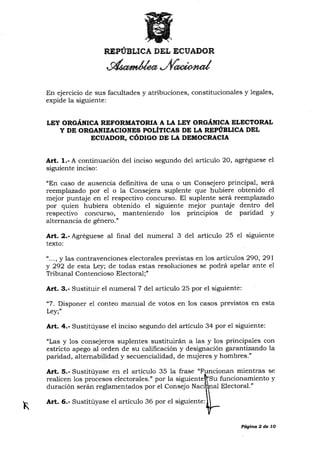 Ley reformatoria a la ley org%c3%a1nica electoral o c%c3%b3digo de la ...