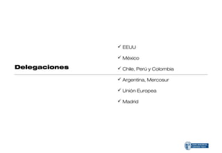  EEUU

                México

Delegaciones    Chile, Perú y Colombia

                Argentina, Mercosur

                Unión Europea

                Madrid
 