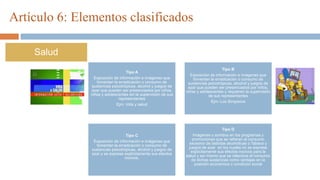 Salud
Artículo 6: Elementos clasificados
Tipo A
Exposición de información e imágenes que
fomentan la erradicación o consumo de
sustancias psicotrópicas, alcohol y juegos de
azar que pueden ser presenciados por niños,
niñas y adolescentes sin la supervisión de sus
representantes
Ejm: Vida y salud
Tipo B
Exposición de información e imágenes que
fomentan la erradicación o consumo de
sustancias psicotrópicas, alcohol y juegos de
azar que pueden ser presenciados por niños,
niñas y adolescentes y requieren la supervisión
de sus representantes
Ejm: Los Simpsons
Tipo C
Exposición de información e imágenes que
fomentan la erradicación o consumo de
sustancias psicotrópicas, alcohol y juegos de
azar y se exprese explícitamente sus efectos
nocivos.
Tipo D
Imágenes o sonidos en los programas y
promociones que se refieran al consumo
excesivo de bebidas alcohólicas o Tabaco y
juegos de azar en los cuales no se exprese
explícitamente sus efectos nocivos para la
salud y así mismo que se relacione el consumo
de dichas sustancias como ventajas en la
posición económica o condición social
 