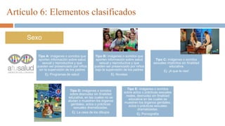 Artículo 6: Elementos clasificados
Sexo
Tipo A: imágenes o sonidos que
aporten información sobre salud
sexual y reproductiva y que
pueden ser presenciado por niños
sin la supervisión de los padres
Ej: Programas de salud
Tipo B: imágenes o sonidos que
aporten información sobre salud
sexual y reproductiva y que
pueden ser presenciado por niños
bajo la supervisión de los padres
Ej: Novelas
Tipo C: imágenes o sonidos
sexuales implícitos sin finalidad
educativa
Ej: ¡A que te ries!
Tipo D: imágenes o sonidos
sobre desnudez sin finalidad
educativa, en las cuales no se
aludan o muestren los órganos
genitales, actos o prácticas
sexuales dramatizadas.
Ej: La casa de los dibujos
Tipo E: imágenes o sonidos
sobre actos o prácticas sexuales
reales, desnudez sin finalidad
educativa en las cuales se
muestren los órganos genitales,
actos o prácticas sexuales
dramatizadas.
Ej: Pornografía
 