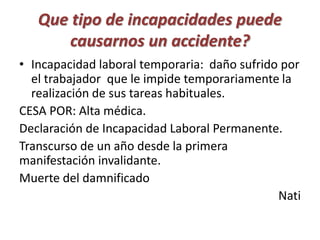 Que tipo de incapacidades puede 
causarnos un accidente? 
• Incapacidad laboral temporaria: daño sufrido por 
el trabajador que le impide temporariamente la 
realización de sus tareas habituales. 
CESA POR: Alta médica. 
Declaración de Incapacidad Laboral Permanente. 
Transcurso de un año desde la primera 
manifestación invalidante. 
Muerte del damnificado 
Nati 
 