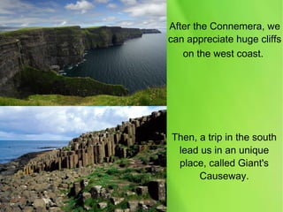 After the Connemera, we
can appreciate huge cliffs
on the west coast.
Then, a trip in the south
lead us in an unique
place, called Giant's
Causeway.
 