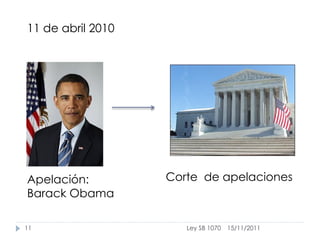 11 de abril 2010




Apelación:         Corte de apelaciones
Barack Obama

11                    Ley SB 1070   15/11/2011
 