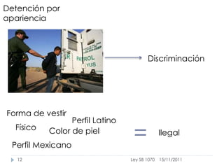 Detención por
apariencia



                                        Discriminación




Forma de vestir
                 Perfil Latino
  Físico   Color de piel
  Perfil Mexicano
                                  =            Ilegal


   12                            Ley SB 1070   15/11/2011
 