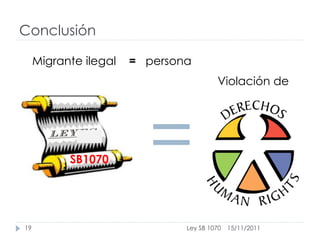 Conclusión

     Migrante ilegal   = persona
                                        Violación de




           SB1070        =
19                             Ley SB 1070   15/11/2011
 