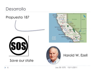 Desarrollo
Propuesta 187




                             Harold W. Ezell
    Save our state
6                    Ley SB 1070   15/11/2011
 