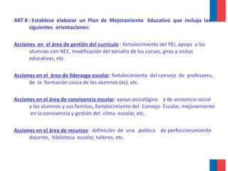 ART 8 : Establece  elaborar  un  Plan  de  Mejoramiento  Educativo  que  incluya  las  siguientes  orientaciones: Acciones  en  el área de gestión del currículo  : fortalecimiento del PEI, apoyo  a los alumnos con NEE, modificación del tamaño de los cursos, giras y visitas educativas, etc. Acciones en el  área de liderazgo escolar : fortalecimiento  del consejo  de  profesores, de  la  formación cívica de los alumnos (as), etc. Acciones en el área de convivencia escolar : apoyo psicológico  y de asistencia social a los alumnos y sus familias, fortalecimiento del  Consejo  Escolar, mejoramiento  en la convivencia y gestión del  clima  escolar, etc. Acciones en el área de recursos :  definición  de  una  política  de perfeccionamiento  docente,  biblioteca  escolar, talleres, etc. 