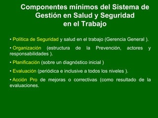 Componentes mínimos del Sistema de
Gestión en Salud y Seguridad
en el Trabajo
• Política de Seguridad y salud en el trabajo (Gerencia General ).
• Organización (estructura de la Prevención, actores y
responsabilidades ).
• Planificación (sobre un diagnóstico inicial )
• Evaluación (periódica e inclusive a todos los niveles ).
• Acción Pro de mejoras o correctivas (como resultado de la
evaluaciones.
 