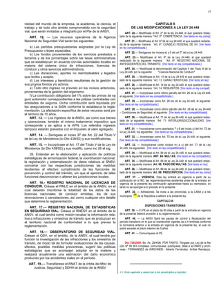 27



neidad del mundo de la empresa, la academia, la ciencia, el                               CAPITULO II
trabajo y de todo otro ámbito comprometido con la seguridad                  DE LAS MODIFICACIONES A LA LEY 24.449
vial, que serán invitadas a integrarlo por el Pte de la ANSV.          ART. 20.— Modifícase el Art. 2º de la ley 24.449, el que quedará redac-
   ART. 12. — Los recursos operativos de la Agencia                tado de la siguiente manera: ―Art. 2º: COMPETENCIA. [Ver texto en ley comp]
Nacional de Seguridad Vial serán los siguientes:                        ART. 21.— Modifícase el Art. 6º de la Ley 24.449, el que quedará redacta-
                                                                   do de la siguiente manera: ―Art. 6º: CONSEJO FEDERAL DE SV. [Ver texto
    a) Las partidas presupuestarias asignadas por la Ley de        en ley compatibilizada.]
Presupuesto o leyes especiales;
                                                                       ART. 22.— Deróganse los incisos e) y f) del art 7º de la Ley 24.449.
    b) Los fondos provenientes de los servicios prestados a
terceros y de los porcentajes sobre las tasas administrativas          ART. 23.— Modifícase el Art. 8º de la Ley 24.449, el que quedará
que se establezcan en acuerdo con las autoridades locales en       redactado de la siguiente manera: ―Art. 8º: REGISTRO NACIONAL DE
                                                                   ANTECEDENTES DEL TRANSITO. [Ver texto en ley compatibilizada.]
materia del sistema único de infracciones, licencias de
conducir y otros servicios administrativos;                            ART. 24. — Modifícase la denominación del Capítulo II del Título III de la
    c) Las donaciones, aportes no reembolsables y legados          Ley 24.449, por la siguiente: "Licencia Nacional de Conducir"
que reciba y acepte;                                                   ART. 25. — Modifícase el Art. 13 de la Ley 24.449 el que quedará redac-
    d) Los intereses y beneficios resultantes de la gestión de     tado de la siguiente manera: ―Art. 13: CARACTERISTICAS. [Ver texto en ley]
sus propios fondos y/o activos;                                        ART. 26. — Modifícase el Art. 14 de la Ley 24.449, el que quedará redac-
    e) Todo otro ingreso no previsto en los incisos anteriores,    tado de la siguiente manera: ―Art. 14: REQUISITOS: [Ver texto en ley compat]
provenientes de la gestión del organismo.                               ART. 27. — Incorpórase como último párrafo del Art. 26 de la Ley 24.449,
    f) La contribución obligatoria del 1% sobre las primas de se   el siguiente: [Ver texto en ley compatibilizada.]
guro automotor correspondientes a las pólizas contratadas con
                                                                        ART. 28. — Incorpórase como Art. 26 bis de la Ley 24.449, el siguiente:
entidades de seguros. Dicha contribución será liquidada por        [Ver texto en ley compatibilizada.]
los aseguradores a la SISN conforme lo establezca la regla-
                                                                       ART. 29. — Incorpórase como último párrafo del Art. 29 de la Ley 24.449
mentación. La afectación específica de estos recursos será por
                                                                   – Condiciones de Seguridad, el siguiente: [Ver texto en ley compatibilizada]
el término de 10 años.
    ART. 13. — Los ingresos de la ANSV, así como sus bienes             ART. 30. — Modifícase el Art. 71 de la Ley 24.449, el que quedará redac-
y operaciones, tendrán el mismo tratamiento impositivo que         tado de la siguiente manera: ―Art. 71: INTERJURISDICCIONALIDAD. [Ver
                                                                   texto en ley compatibilizada.]
corresponde y se aplica a la APN. Los referidos ingresos
tampoco estarán gravados con el impuesto al valor agregado.             ART. 31. — Incorpóranse como apartados 7 y 8 del inciso c) del Art. 72 de
                                                                   la Ley 24.449, los siguientes: [Ver texto en ley compatibilizada.]
    ART. 14. — Derógase el inciso 37 del Art. 22 del Título V
                                                                        ART. 32. — Incorpórase como Art. 72 bis de la Ley 24.449, el siguiente:
de la Ley de Ministerios (to Dto 438/92) y sus modificatorias.     [Ver texto en ley compatibilizada.]
   ART. 15. — Incorpórase al Art. 17 del Título V de la Ley de         ART. 33. — Incorpóranse como incisos m) a y) del Art. 77 de la Ley
Ministerios (to Dto 438/92) y sus modific, como inc 26 el sig:     24.449, los siguientes [Ver texto en ley compatibilizada.]
                                                                       ART. 34. — Modifícase el Art. 84 de la Ley 24.449, el que quedará redac-
    26. Entender en la elaboración y aplicación de políticas
                                                                   tado de la siguiente manera: ART. 84: MULTAS. [Ver texto en ley compatibiliz]
estratégicas de armonización federal, la coordinación nacional,
la registración y sistematización de datos relativos al SNSV;          ART. 35. — Modifícase el Art. 85 de la Ley 24.449, el que quedará redac-
concertar con las respectivas jurisdicciones las medidas           tado de la siguiente manera: Art. 85: PAGO DE MULTAS. [Ver texto en ley]
tendientes al efectivo cumplimiento de las funciones de                ART. 36. — Modifícase el Art. 89 de la Ley 24.449, el que quedará redac-
prevención y control del tránsito, sin que el ejercicio de tales   tado de la siguiente manera: Art. 89: PRESCRIPCION. [Ver texto en ley comp]
funciones desconozcan o alteren las jurisdicciones locales.             ART. 37. — VIGENCIA. Esta ley entrará en vigencia a partir de su
                                                                   publicación en el BO, las reglamentaciones existentes antes de la entrada en
    ART. 16.- REGISTRO NACIONAL DE LICENCIAS DE                    vigencia de la presente ley continuarán aplicándose hasta su reemplazo, en
CONDUCIR. Créase el RNLC en el ámbito de la ANSV, en el            tanto no se opongan a lo previsto en la presente.
cual deberán inscribirse la totalidad de los datos de las             ART. 38. — Adhesiones. Se invita a las provincias, a la CABA y a los
licencias nacionales de conducir emitidas, los de sus                         (43)
                                                                   municipios      de la República a adherir a la presente ley.
renovaciones o cancelaciones, así como cualquier otro detalle
que determine la reglamentación.                                                                   CAPITULO III
                                                                                        DISPOSICIONES TRANSITORIAS
    ART. 17.— REGISTRO NACIONAL DE ESTADISTICAS
EN SEGURIDAD VIAL. Créase el RNESV en el ámbito de la                   ART. 39. — El PE en el plazo de 60 días a partir de la entrada en vigencia
ANSV, el cual tendrá como misión recabar la información rela-      de la presente deberá proceder a su reglamentación.
tiva a infracciones y siniestros de tránsito que se produzcan en       ART. 40. — La ANSV fijará las pautas de control y fiscalización del
el territorio nacional de conformidad a lo que prevea la           período transitorio en el que se mantendrán vigentes las LH emitidas conforme
reglamentación.                                                    la normativa anterior a la entrada en vigencia de la presente ley, el cual no
                                                                   podrá exceder el plazo máximo de 5 años
    ART. 18.— OBSERVATORIO DE SEGURIDAD VIAL.                          ART. 41. — Comuníquese al PE.
Créase el OSV, en el ámbito, de la ANSV, el cual tendrá por
función la investigación de las infracciones y los siniestros de
tránsito, de modo tal de formular evaluaciones de las causas,          Dto 728/2008. Bs. As. 29/4/08. POR TANTO: Téngase por Ley de la Na
efectos, posibles medidas preventivas, sugerir las políticas       ción Nº 26.363 cúmplase, comuníquese, publíquese, dése a la DNRO y archí-
estratégicas que se aconsejen adoptar en la materia y              vese.- FERNANDEZ de KIRCHNER.- Alberto Fernández. Aníbal Randazzo.
realizará anualmente una estimación del daño económico
producido por los accidentes viales en el período.
   ART. 19.— Transfiérese el RNAT de la órbita del Mrio de
     Justicia, Seguridad y DDHH al ámbito de la ANSV
                                                                   43- Esto equivale a autorizar a los municipios a legislar.
 